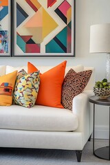Cozy white couch showcasing vibrant decorative pillows and framed modern art pieces