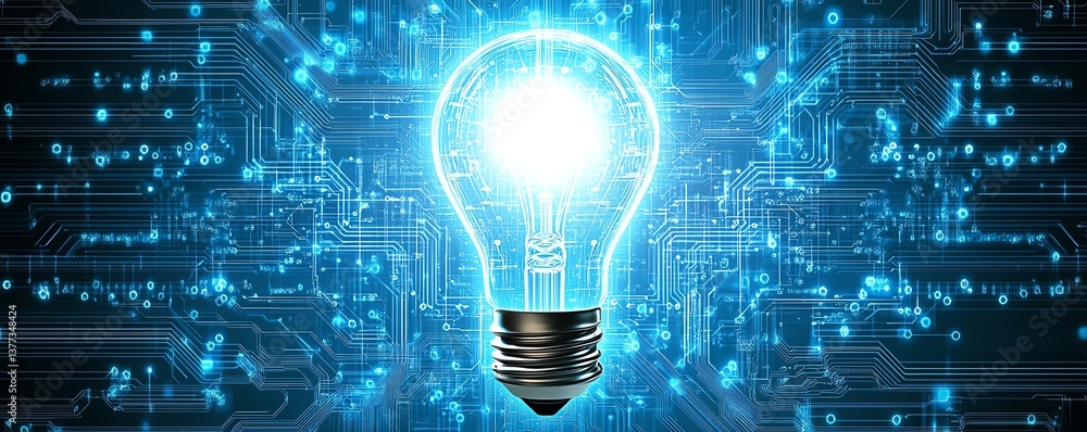 Aufkleber a glowing light bulb with digital circuits, representing the fusion of ideas and technology, against
