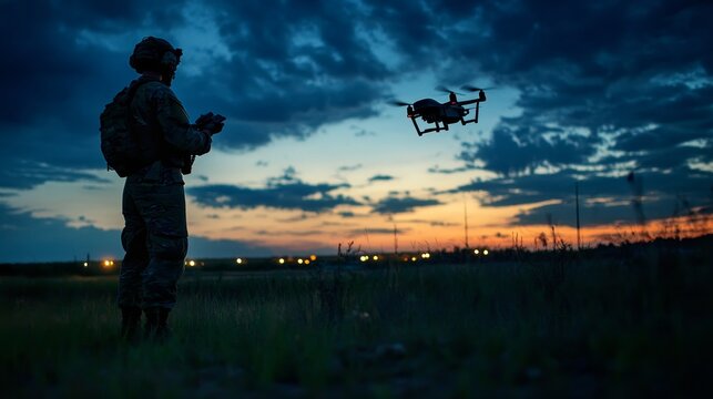 Military drone operation at dusk with male soldier and drone flying under evening sky