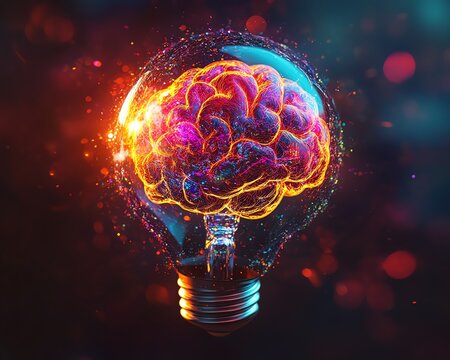 A vibrant neon lightbulb exploding
