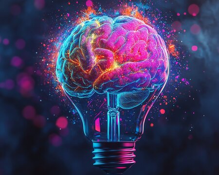 A vibrant neon lightbulb exploding