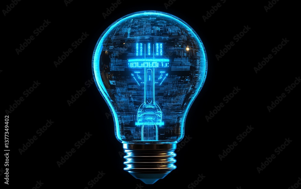 Poster A blue digital technology light bulb, glowing with futuristic patterns and AIgenerated elements, symbolizing innovation and creativity, highresolution, sleek design, digital art