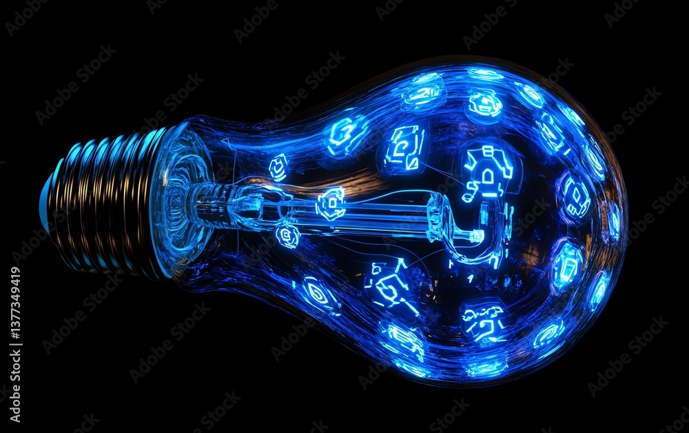 Poster a blue digital technology light bulb, glowing with futuristic patterns and aigenerated elements, sym