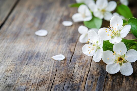 Fresh spring blossoms on rustic wood. Delicate white flowers and leaves sit gently on a weathered wooden surface, creating a peaceful and natural springtime aesthetic. 