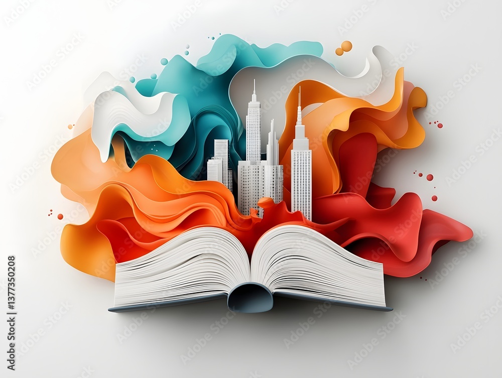 Poster imaginative digital artwork depicts an open book as the source of kaleidoscopic color shifting data 