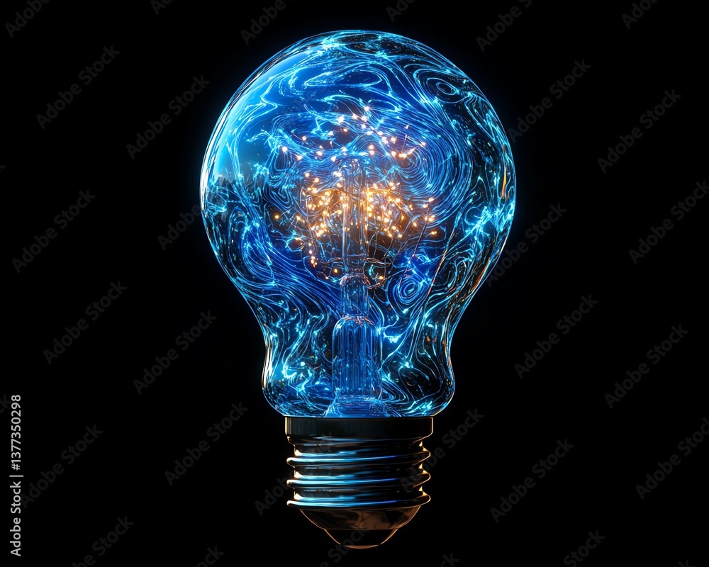 Poster a generative aicreated blue light bulb, glowing with complex digital technology patterns, representi