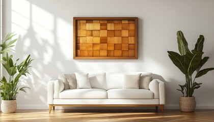 Wooden frame mockup hanging on the wall above a white sofa in the minimalistic interior design of a modern