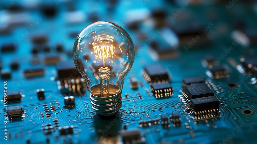 Poster a glowing light bulb integrated with digital circuits, symbolizing creative innovation and technolog