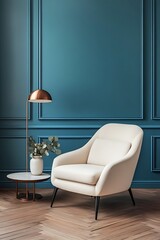 Elegant Armchair Beside Table with Copper Lamp Against a Blue Textured Wall