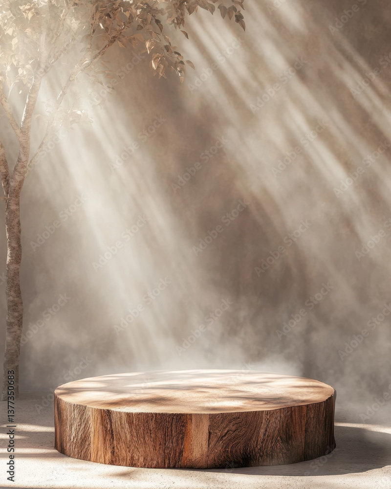 Poster beautiful wooden podium stands in serene environment illuminated by soft rays of light filtering thr