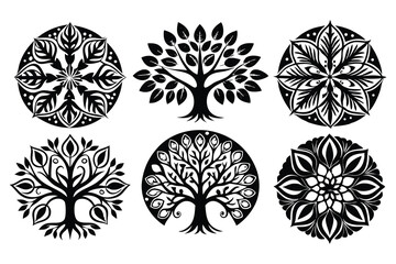 Set of vector tree silhouettes in a seamless floral pattern design with ornamental elements and snowflake motifs, creating a vintage winter nature theme