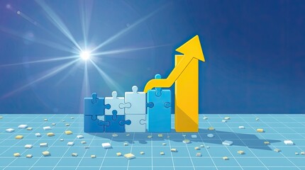 A yellow arrow rises from stacked puzzle pieces on blue background