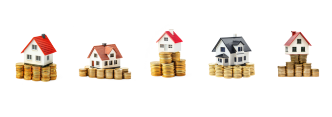 Collection of Modern minimature house on stack gold coins side view isolate on transparent background