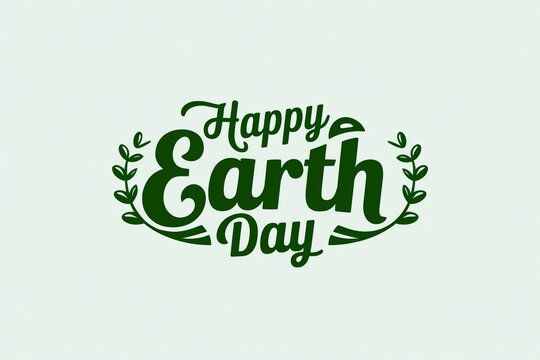 Stylized 'Happy Earth Day' text with green leaves on a light background.