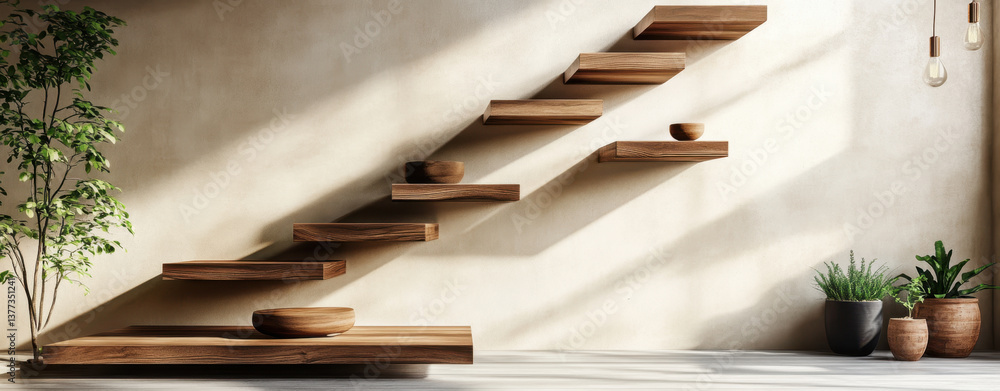 Poster modern wooden podium showcases elegant design with floating steps that create stunning visual effect