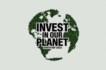Earth Day 2022 message urging investment in our planet with green foliage forming a globe shape.