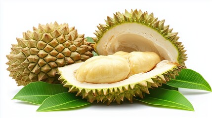 Obraz premium A durian fruit split open, revealing its creamy, yellow flesh, surrounded by spiky husks and green leaves.
