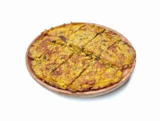 Fried omelette mix with corn on plate isolated on white background 