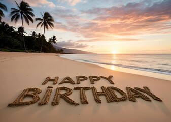 beach word on the sand and text happy birthday 