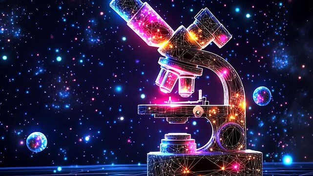 A vibrant, low-poly microscope against a cosmic backdrop
