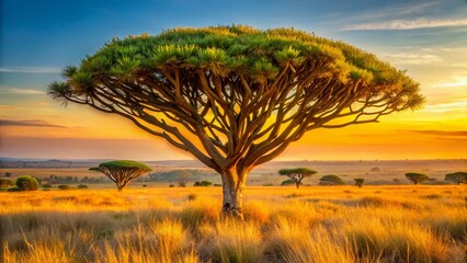 Fototapeta premium Panoramic Uganda Safari: Candelabra Tree in African Savanna