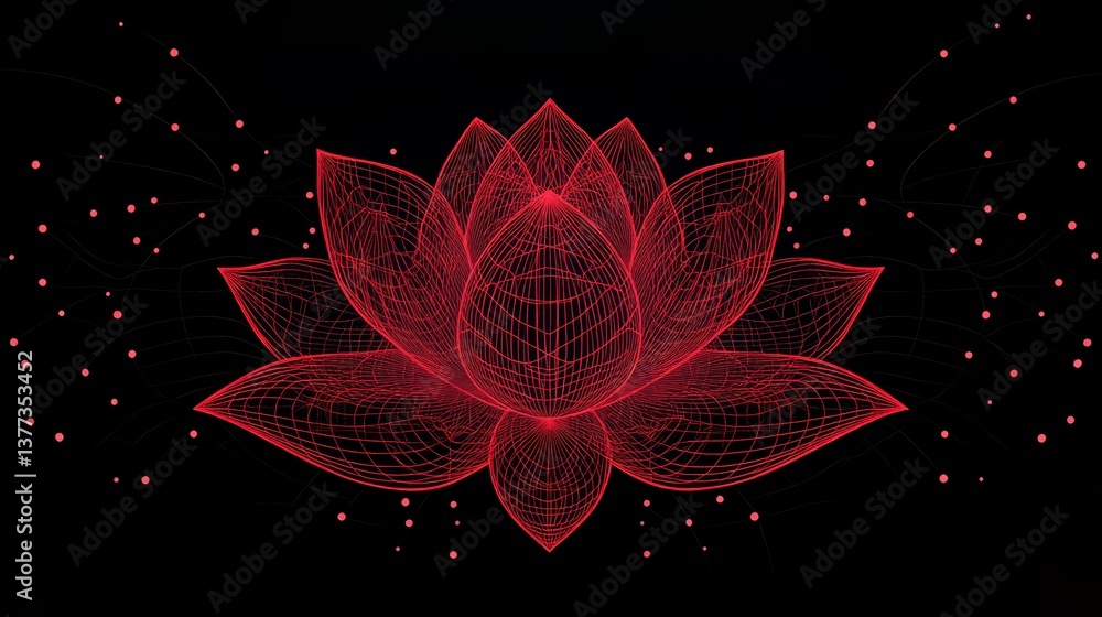 Poster digital red lotus wireframe on black background with abstract dot design