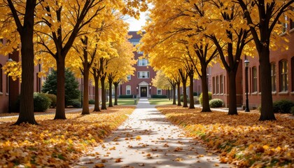 Obraz premium The autumn leaves blanket the sunlit pathway near a brick building in a vibrant campus setting