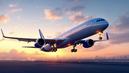 Obraz premium Airplane Taking Off at Sunset with City Lights in Background