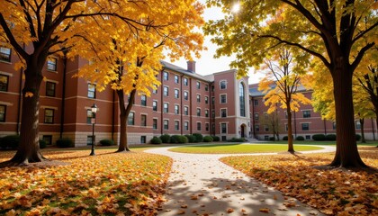 The autumn leaves blanket the sunlit pathway near a brick building in a vibrant campus setting