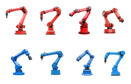 Collection of Industry Robotic Blue and red Arm isolate on transparent background