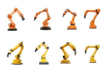 Collection of Industry Robotic Yellow and orange Arm isolate on transparent background
