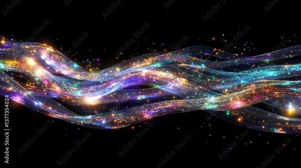 Poster abstract colorful light trails on black background with sparkling particles