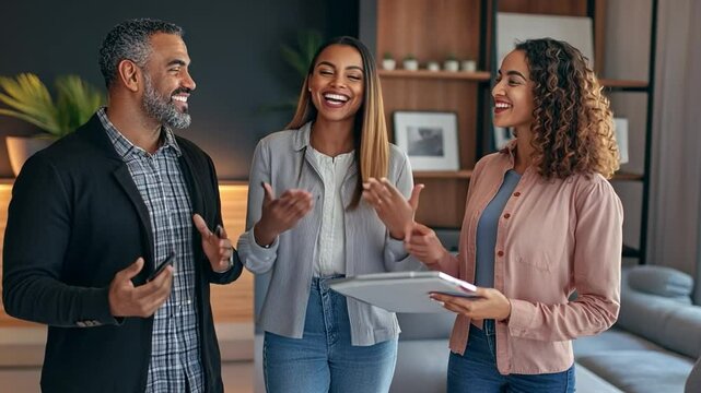 Enthusiastic Gathering: A group of people converse animatedly in a modern, warmly lit room, with smiles and engaged body language suggesting connection and discussion.