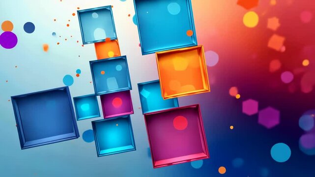 Colorful floating squares and bokeh lights create a vibrant abstract motion background