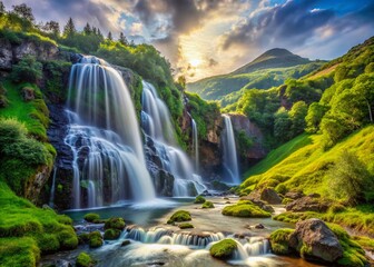Fototapeta premium Panoramic View of Flowing Waterfall in Mountains, Long Exposure Photography