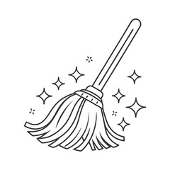 Vector illustration of a traditional mop with sparkles, shown in a clean black and white outline style representing cleanliness and household hygiene.