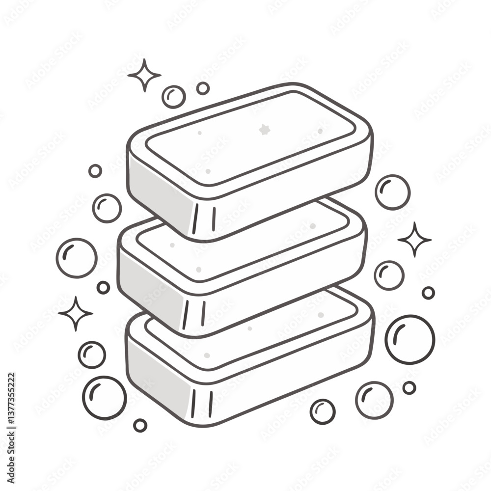 Poster vector illustration of three stacked soap bars with bubbles and sparkles, designed in a clean black 