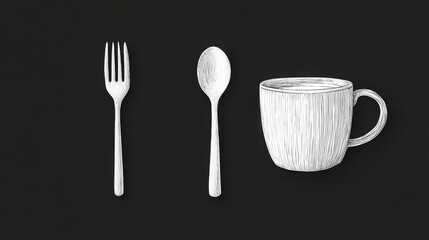 Stylish Illustration of Coffee Cup, Fork, Spoon, and Stirrer on Black Background