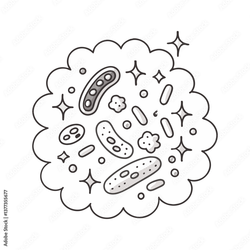 Poster vector illustration of bacteria and microbes in a cloud shape with sparkles, designed in a minimal b