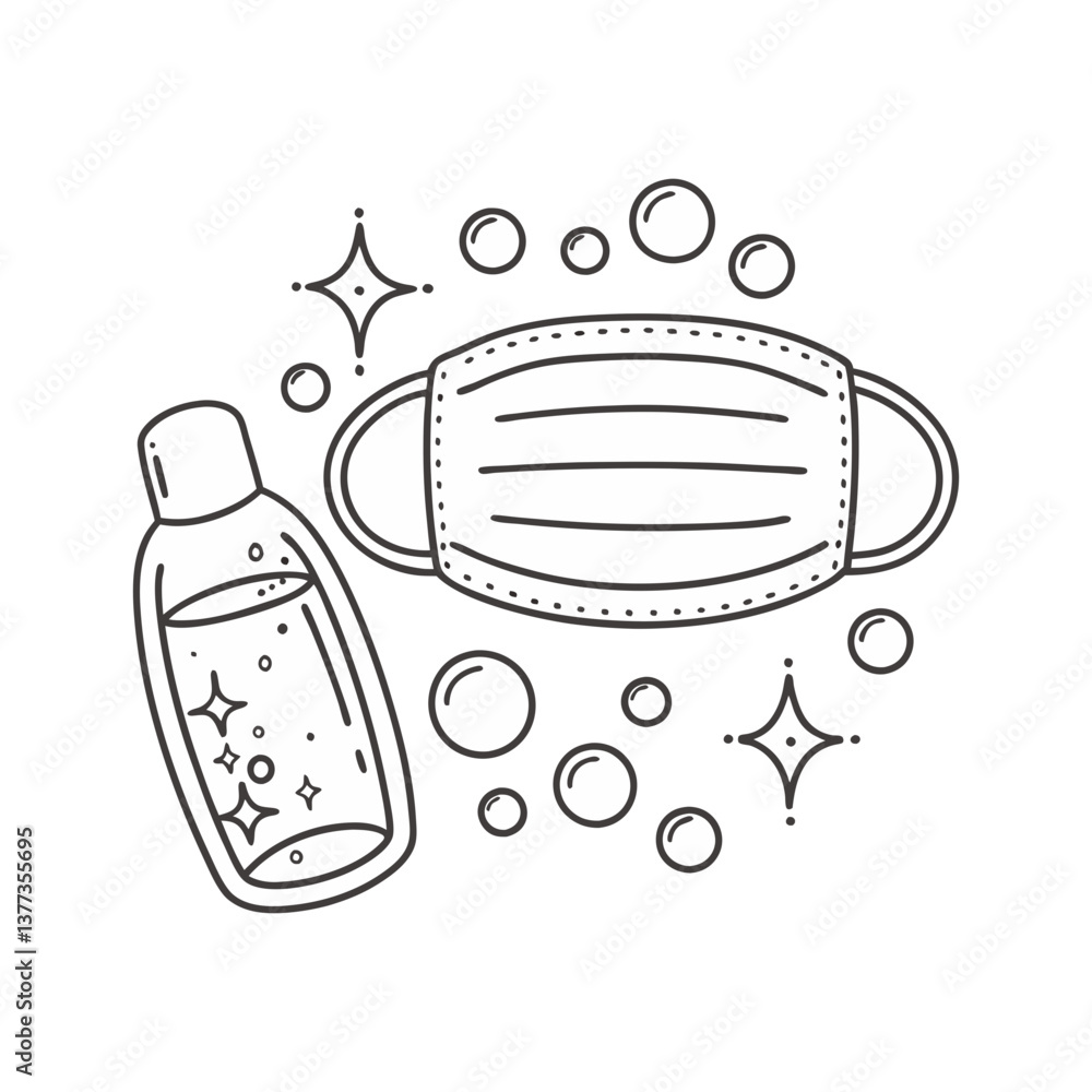 Poster vector illustration of a face mask and hand sanitizer with bubbles and sparkles, emphasizing hygiene