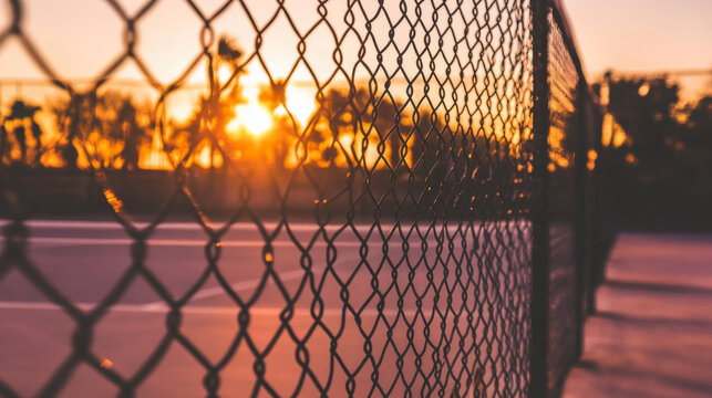 Sunset behind tennis court fence creates serene atmosphere