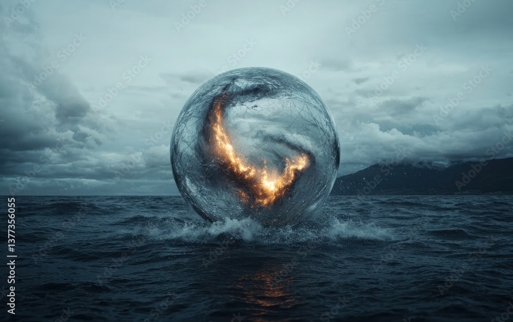Poster abstract image of a glowing orb in dark water, set against a moody sky and distant mountains. the or