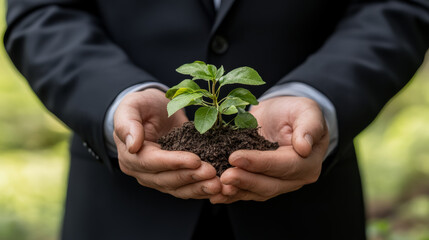 person suit holding small plant soil, symbolizing growth