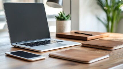 Modern laptop and tech gear on a light wooden desk