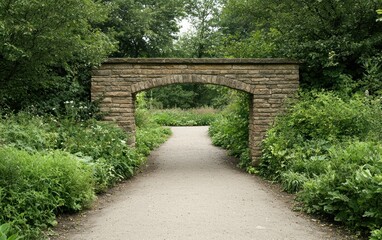 Stone archway pathway garden, gravel path leads through lush greenery. Tranquil garden setting with natural stone arch. Bright daylight, outdoor scene