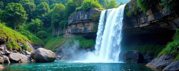 A stunning waterfall cascading down a rocky cliff, waterfall, rock