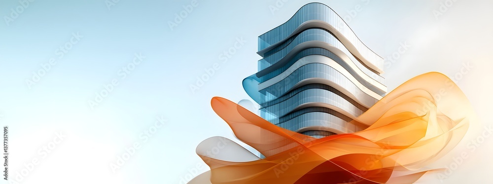 Poster innovative mixed use highrise showcasing a sleek futuristic architectural design with complex struct