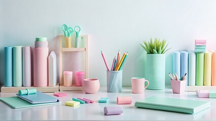 Pastel Office Supplies Panorama: White Desk Copy Space Stock Photo
