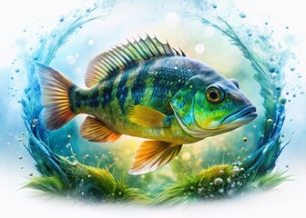 Fototapeta premium Peacock Bass Aquarium Close-Up: Double Exposure Cichla Intermedia