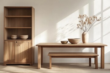 Fototapeta premium Natural wood dining set, simple and elegant